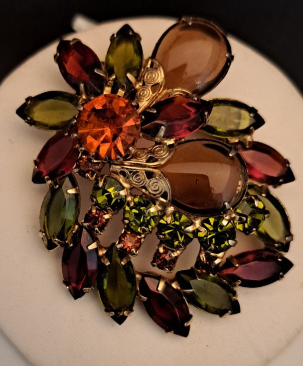 Vintage Designer? Topaz Orange Green Gold Glass Rhinestone Statement Brooch