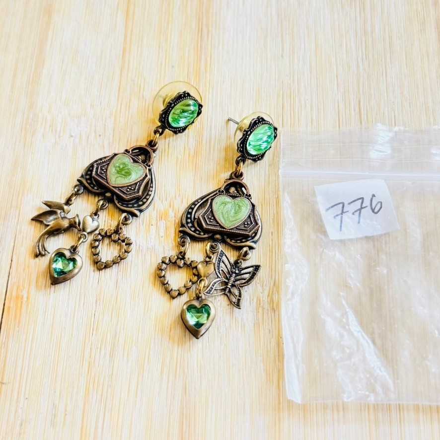 VTG Glass Works Studio Charm Earrings Crystal Enamel Heart Bird Victorian Style