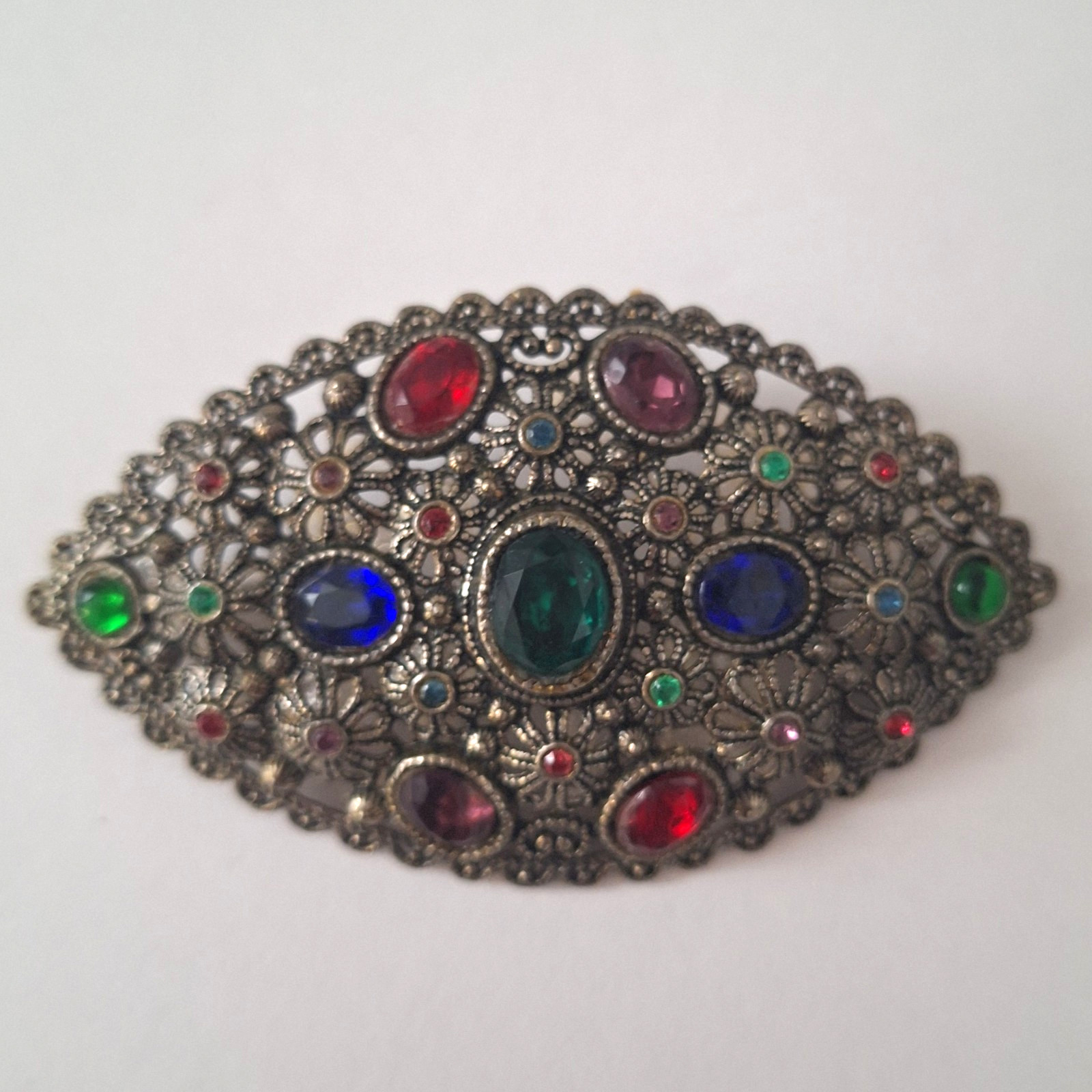 New England Glass Works Brooch Silver Tone Floral Filigree Czech Rhinestones VTG