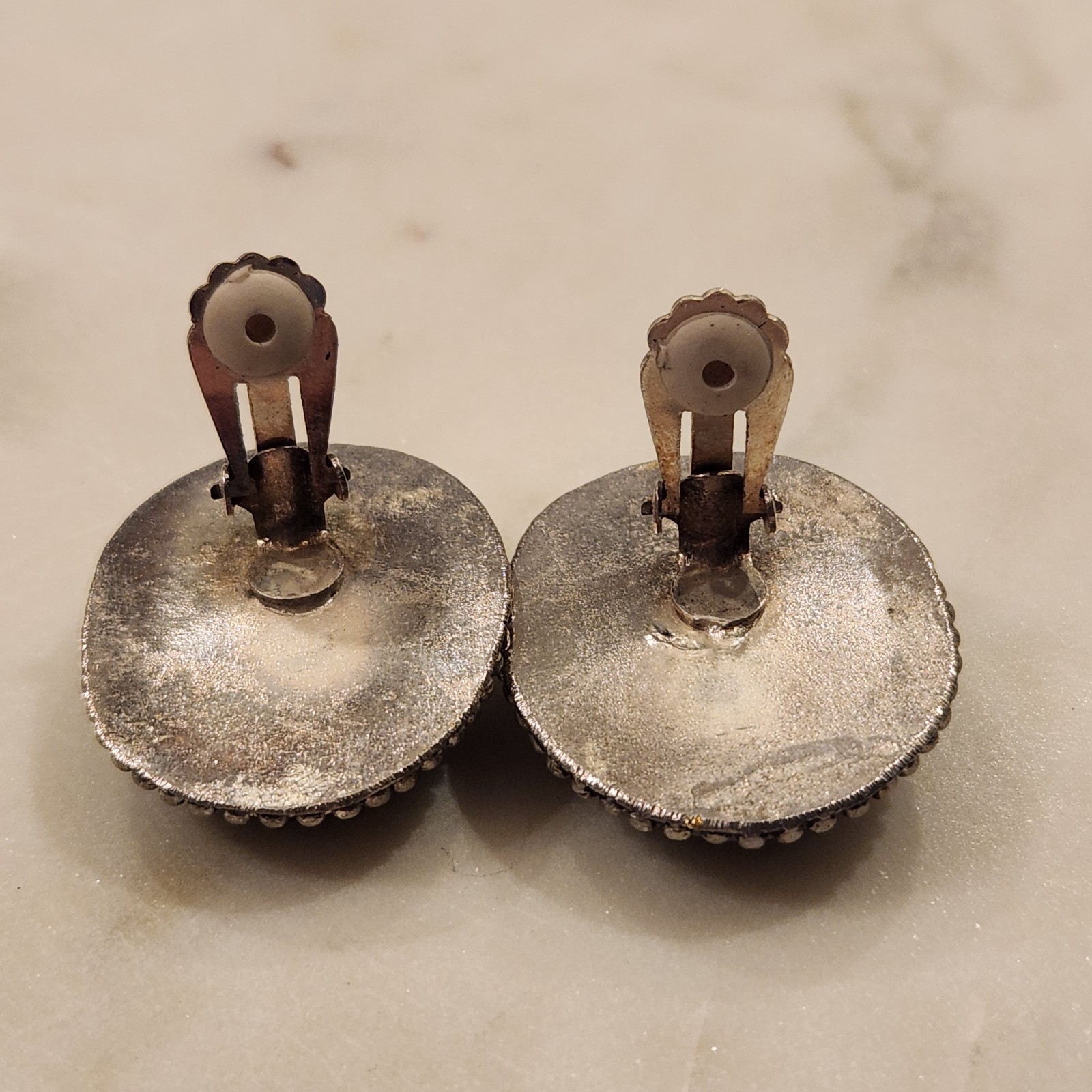 Vintage Clip On Earrings Green Brown Stone Silver Tone Boho Earthy Nature