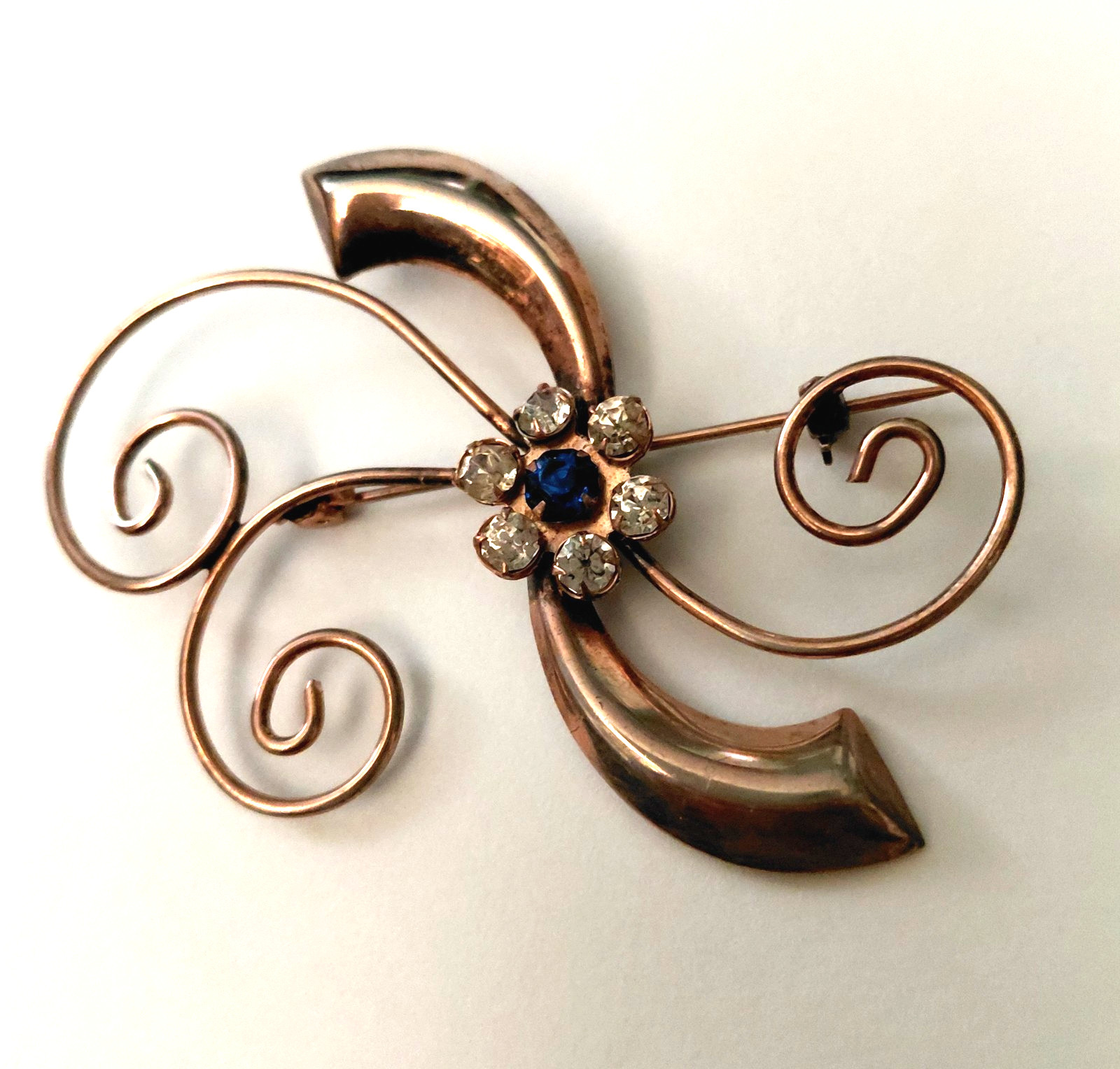 Vintage Sterling Gold Wash Pin Swirls Rhinestone Flower