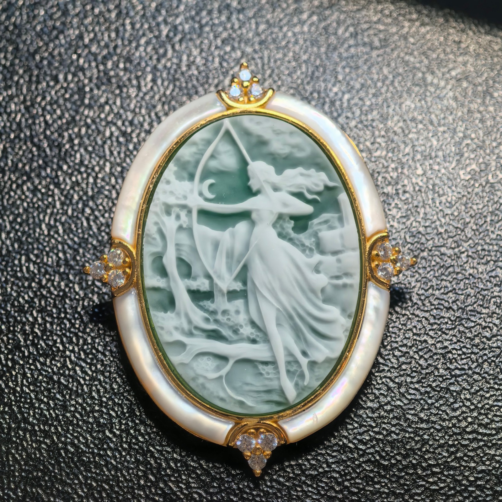 925 silver green Athena Agate cameo brooch pendant vintage estate jewelry