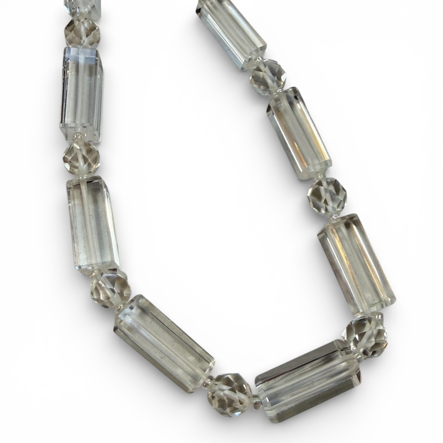 Vintage Clear Faceted Glass Bead Necklace, 34” Long, Rectangular Beads, Opera