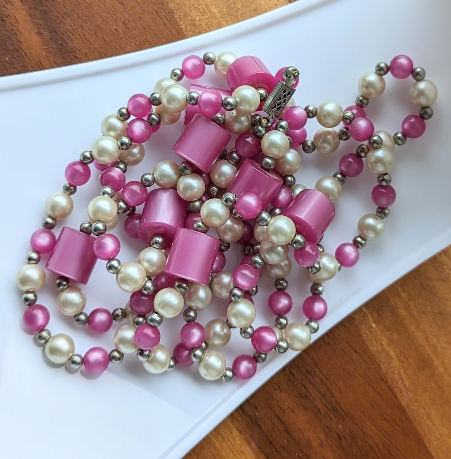 Vintage Opera Length Bead 54″ Necklace Pink Purple Faux White Pearl Silver Tone