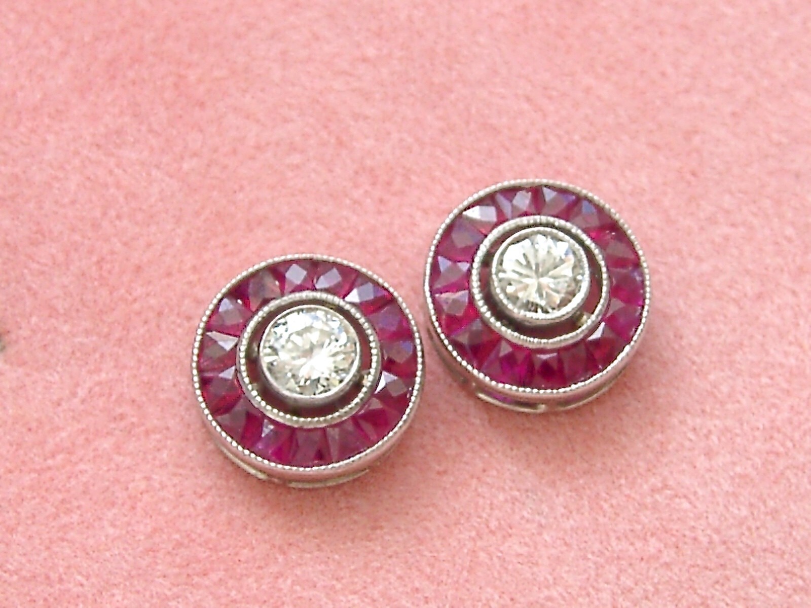 ART DECO STYLE .46ctw DIAMOND w/ RUBY HALO PLATINUM 9.5mm EVERYDAY STUD EARRINGS