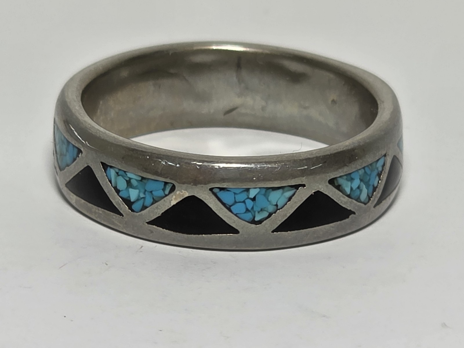Vintage Silver-Tone Turquoise Onyx Chip Inlay Band Ring Sz 8.75 Southwest Style