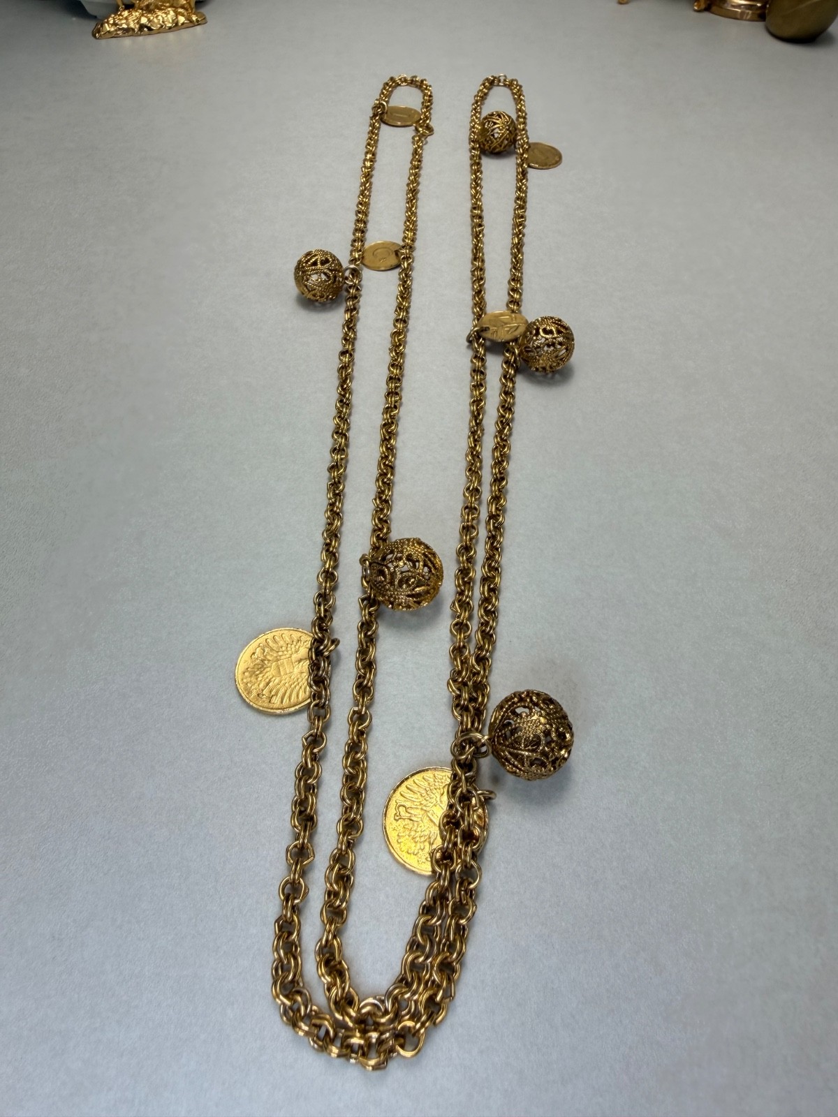 Long Gold Tone Coin Charm Necklace Filigree Ball Accents Boho Vintage