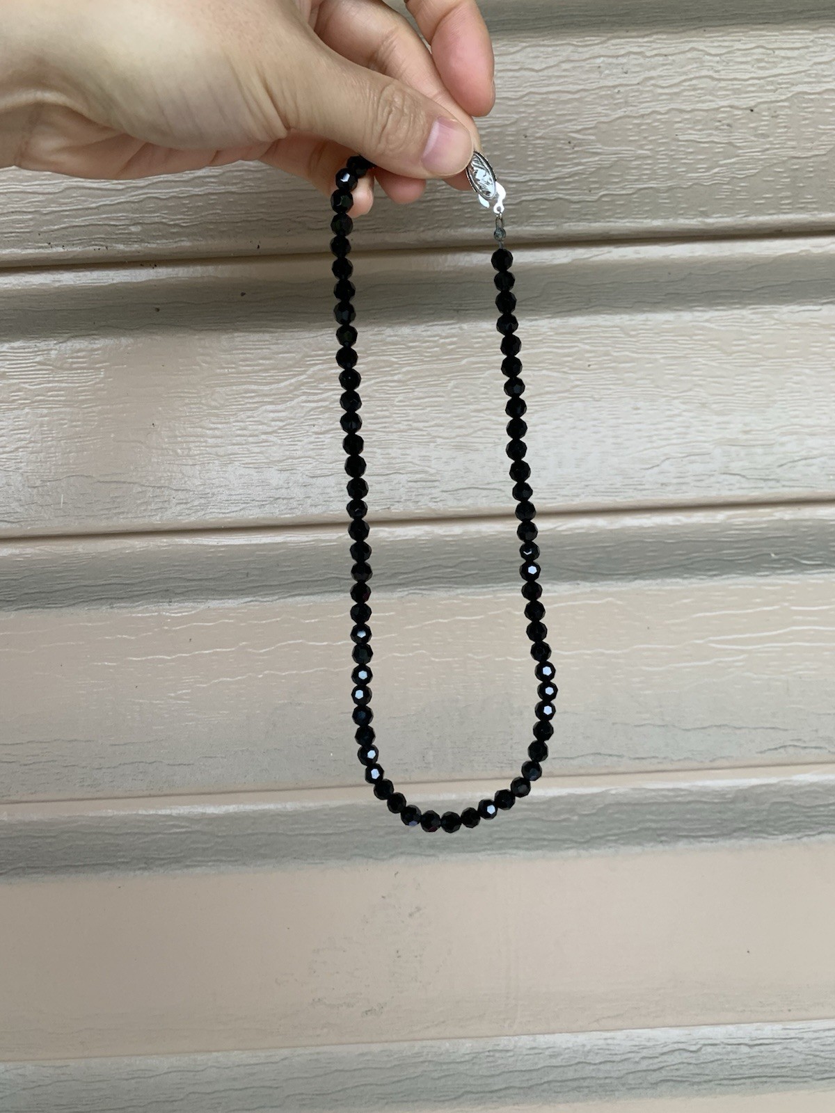 Black onyx beaded necklace silver 6.5mm / 17.5”