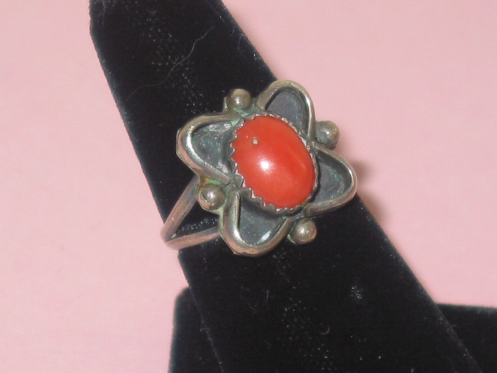 Handsome Vintage Sterling & Natural Coral Ring ~ Size 5.5