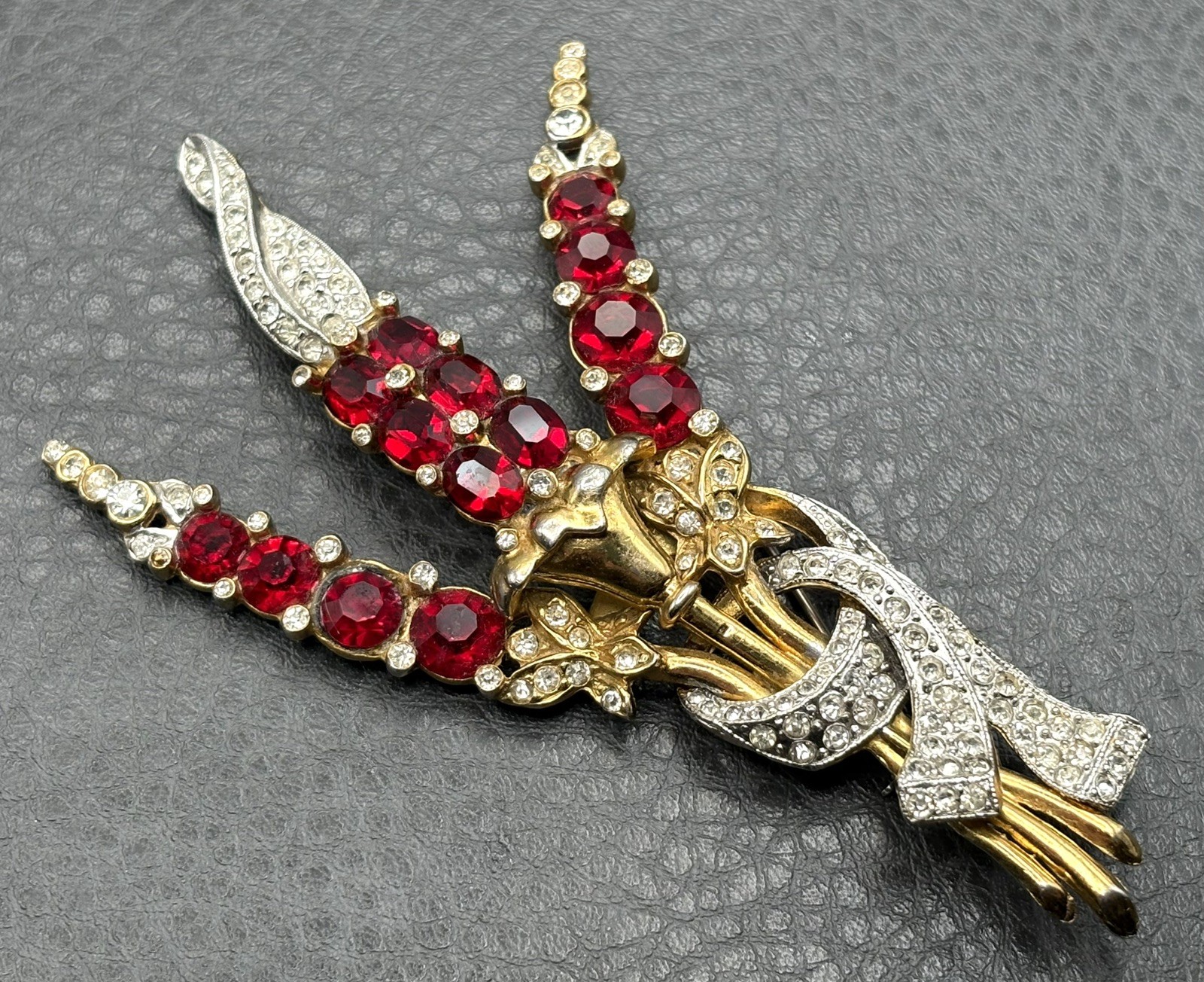 HUGE 4.5” Figural Red Rhinestone Gold Plated Pot Metal Flower Bouquet Brooch