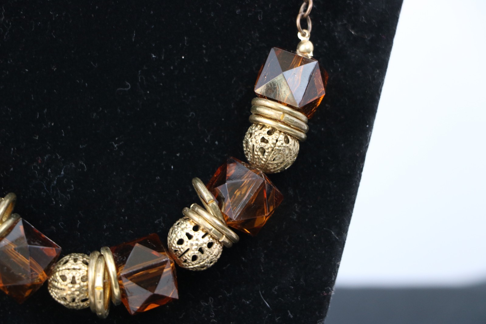 Vintage 80s Amber Lucite & Gold Filigree Beaded Statement Necklace Mesh Chain
