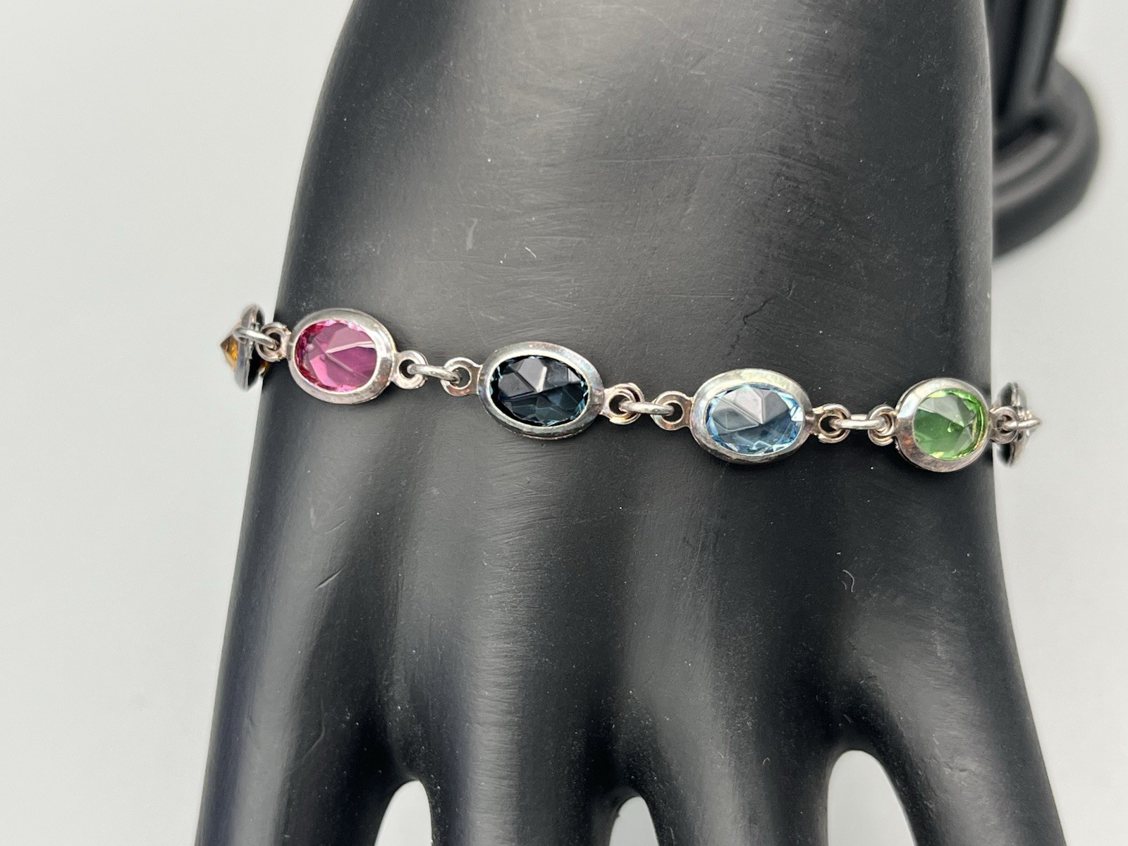 Vintage Silver Plated Multi Color Crystal Bracelet Bezel Oval Rainbow Stones