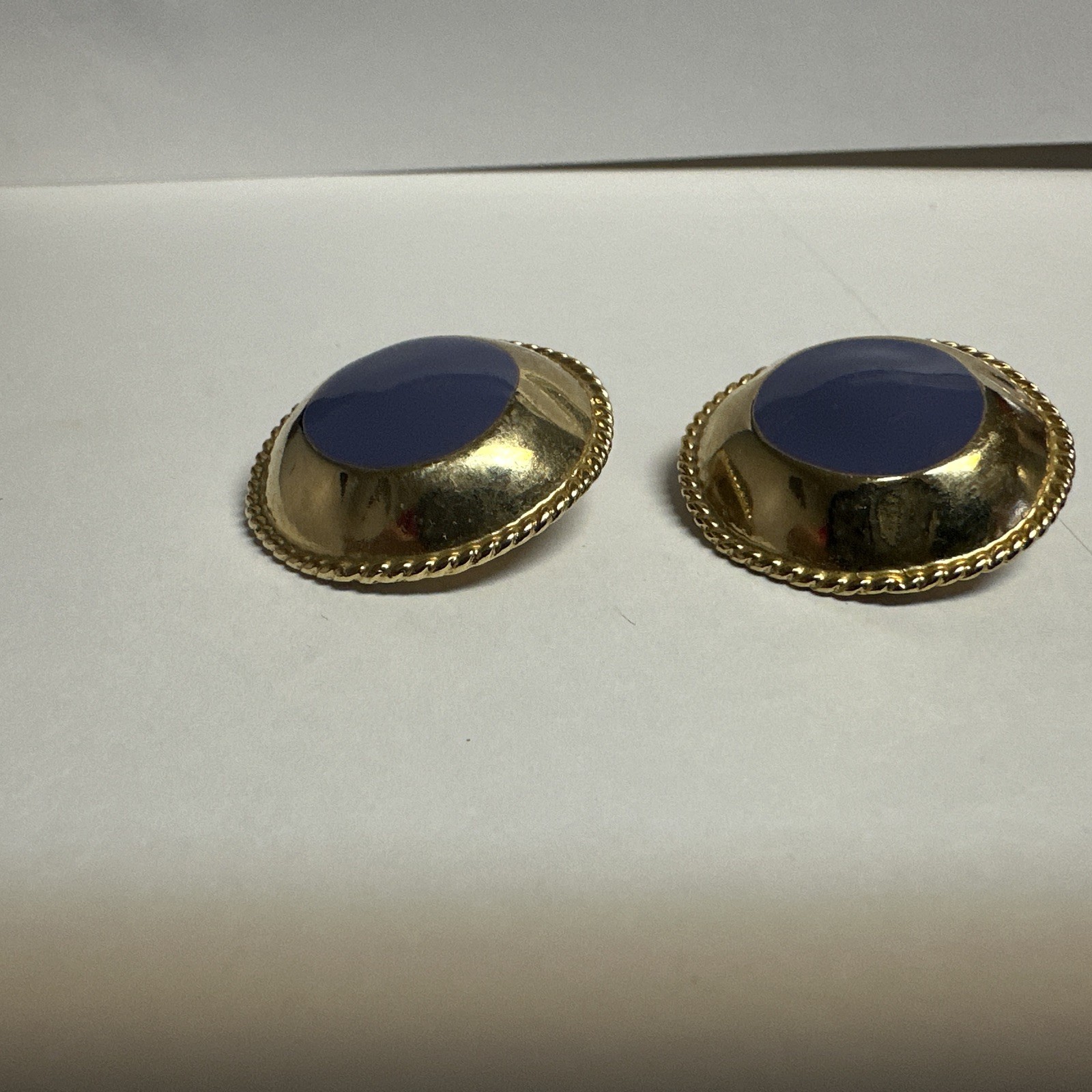 Vintage Gold Tone And Enamel Domed Clip On Earrings Blue Violet