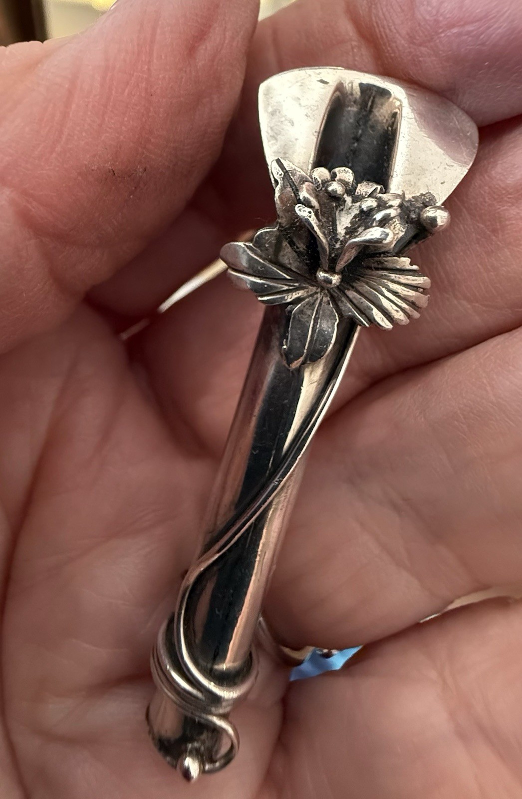 Vintage Sterling Silver Tussie Mussie Floral Brooch Posey Flower Holder Pin