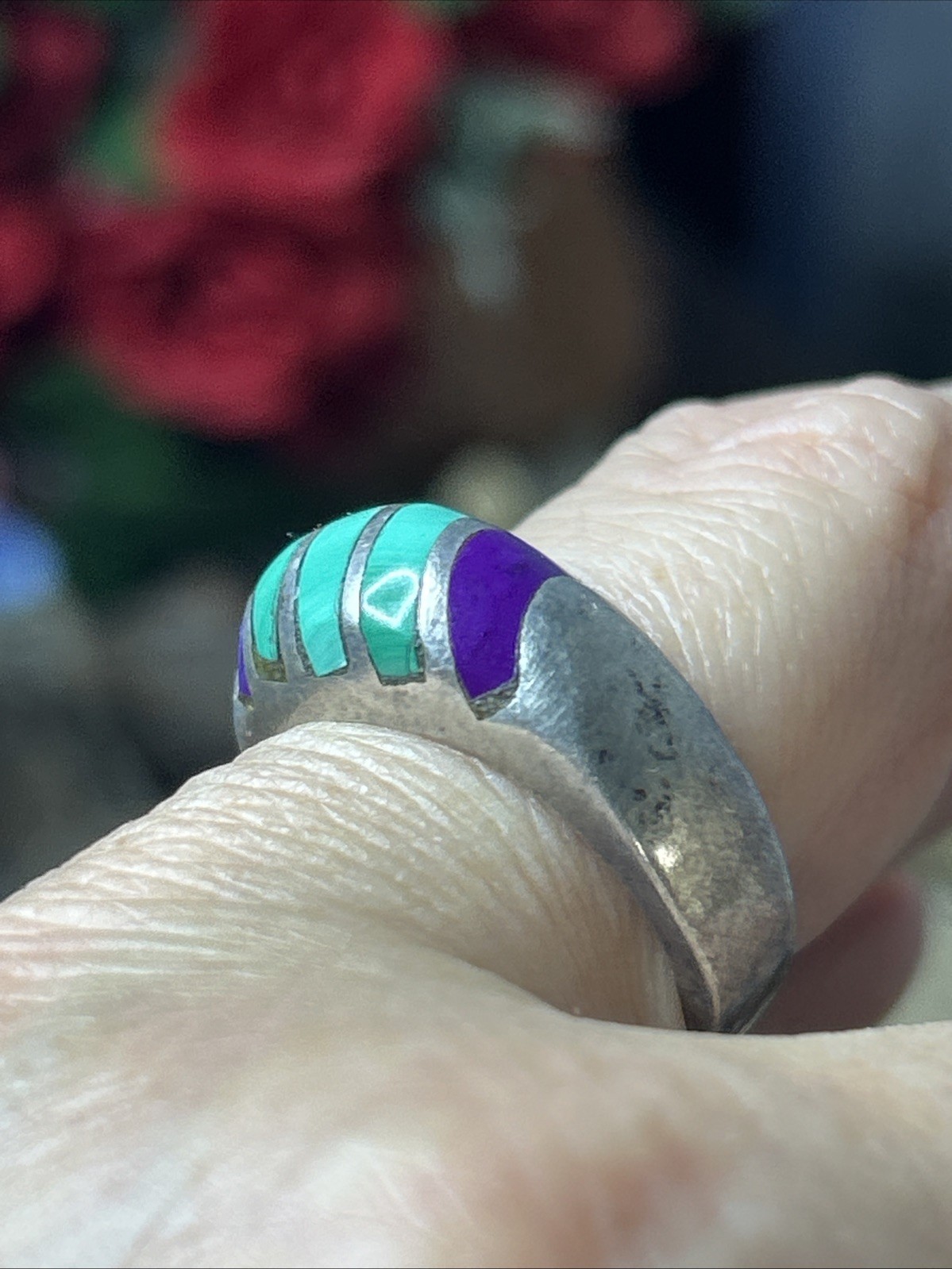 50. Vintage TAXCO Sterling 925 Green Purple Stone Inlay Ring 8.25s, 10.8g, Mex