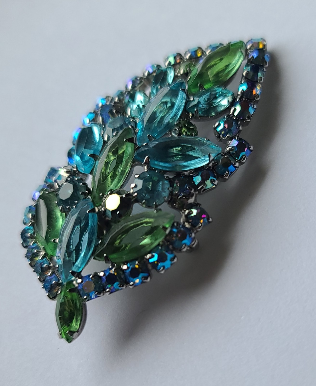 VTG MCM Aque Blue & Lime Green Rhinestone Leaf Brooch Pin (Some AB Finish)