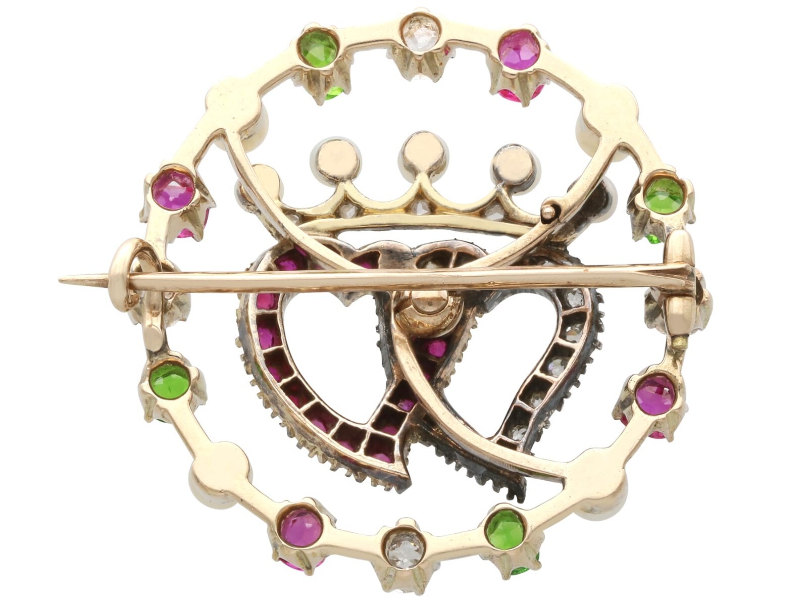 Pearl, 0.30Ct Demantoid Garnet, 0.45Ct Ruby, 0.35Ct Diamond, 14k Gold Brooch