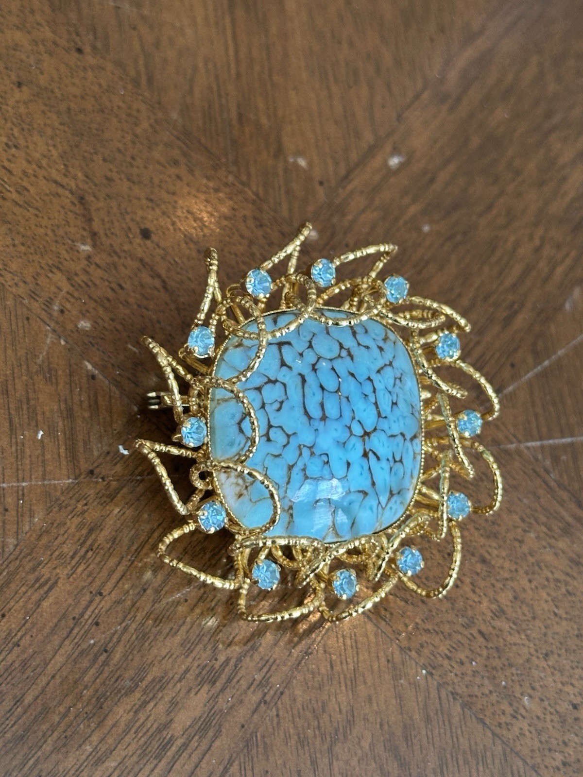 Vintage Faux Turquoise Cabochon Rhinestone Brooch/Pendant Gold Tone Nice!
