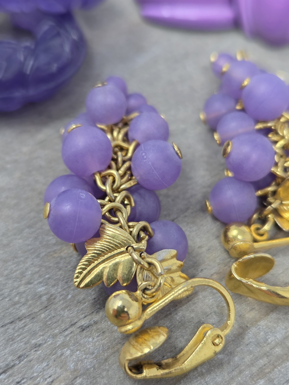 Three Pairs Purple Vintage Clip-on Earrings Grapes Bunch Dangles Hoops Enamel