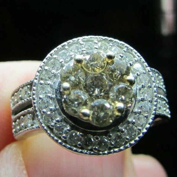 CHAMPAGNE & WHITE DIAMONDS 14k WHITE GOLD RING Size 5 IJDN Interjewel USA