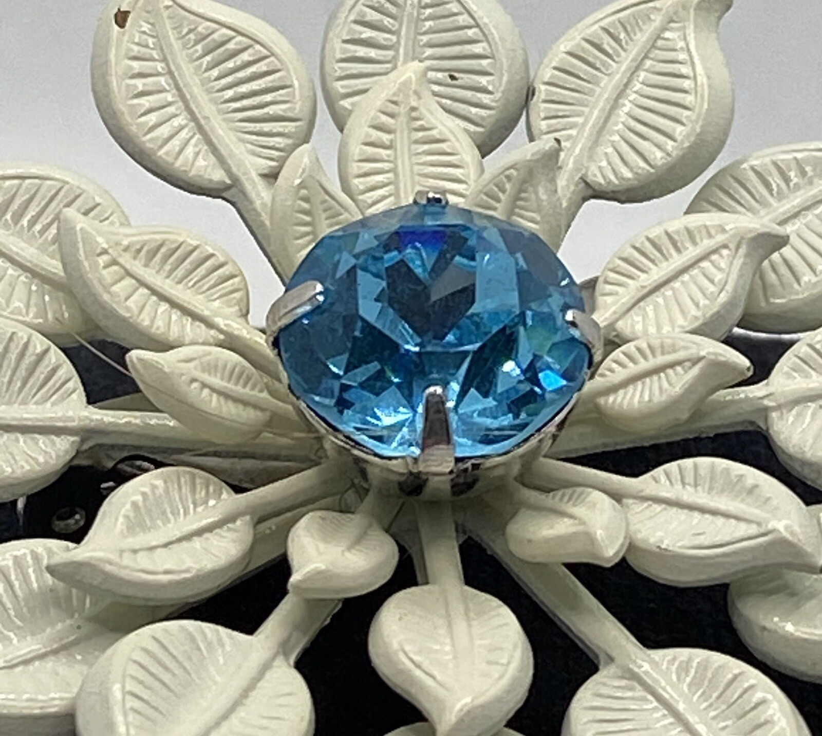 Vintage White Enamel Blue Topaz Rhinestone Flower Brooch & Clip-on Earring Set