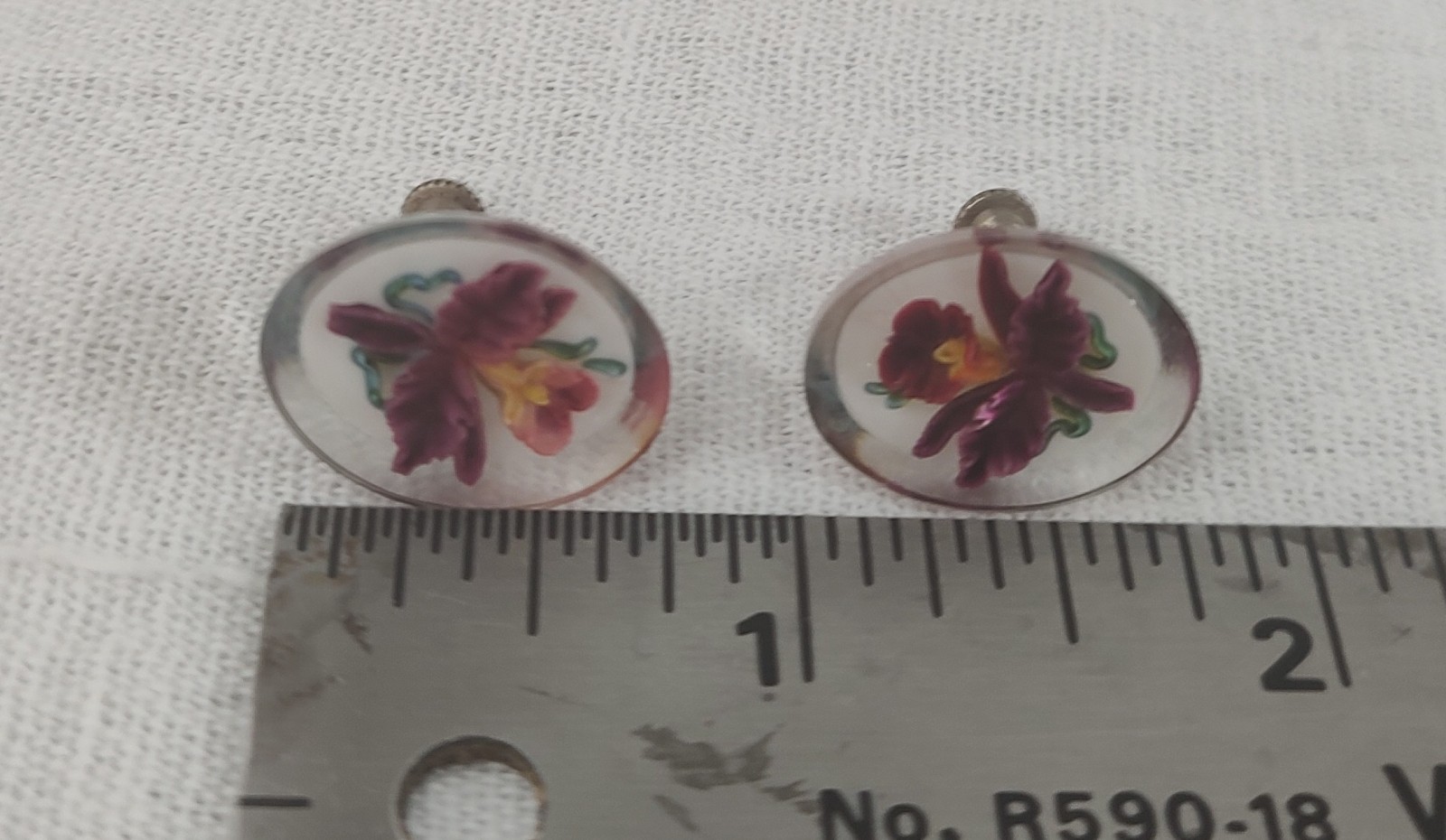 Vintage 1950’s Reversed Carved Screw Post Earrings Lucite Orchid Flower Oval