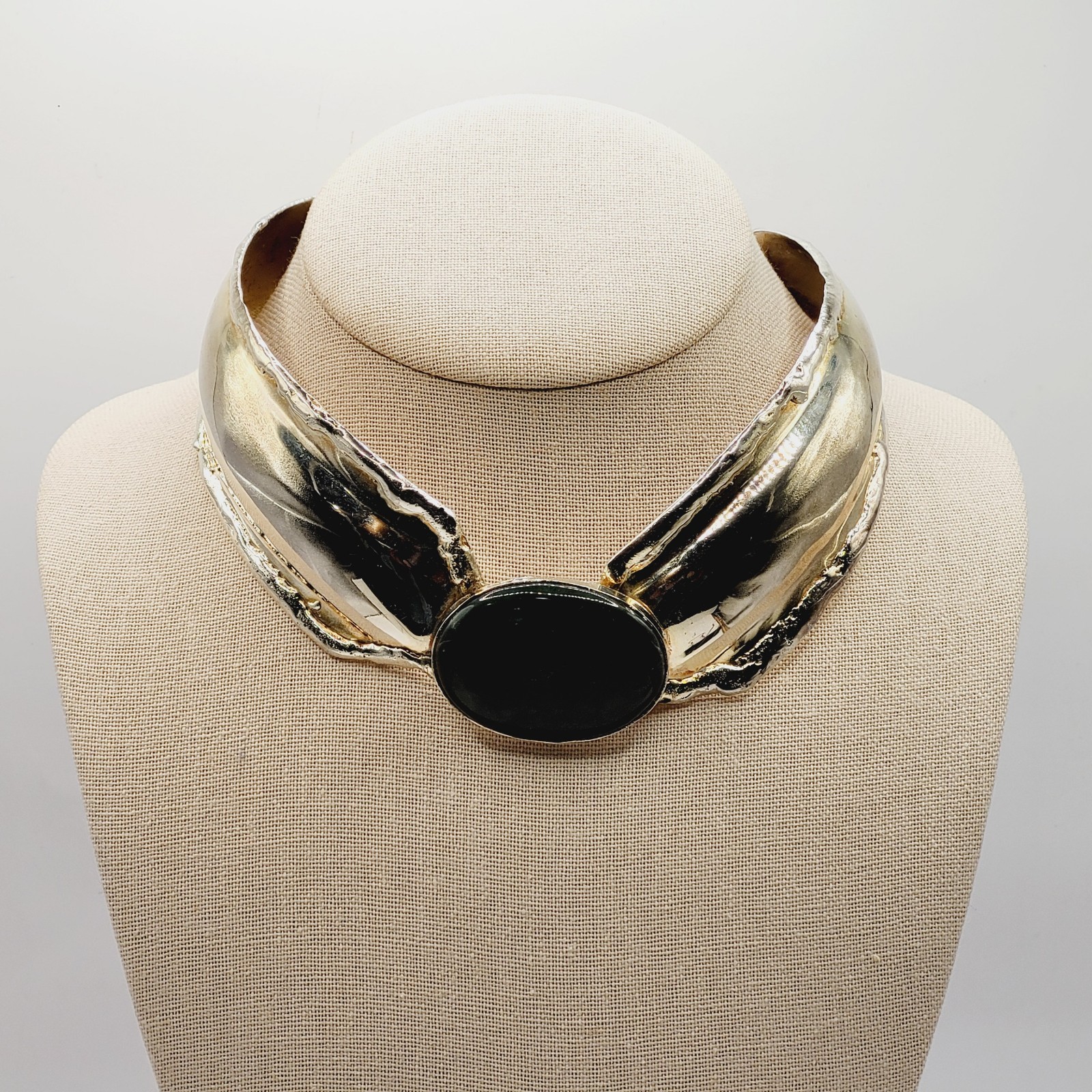 SW Style Collar Handmade Silver Tone Metal Green Agate Stone ROUGH Vtg Necklace