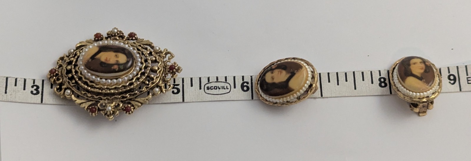 Vth Signed ART Arthur Pepper Victorian Revival Portrait Brooch Clip Earring Set