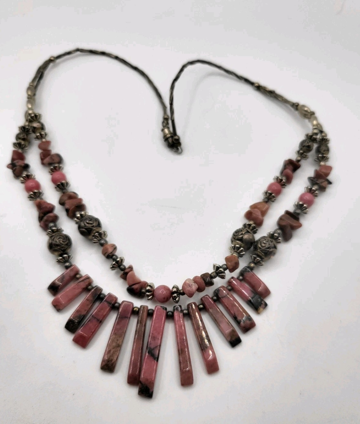 Pink Rhodonite Double Stranded Beaded Graduated Spike Goldtone Boho Necklace
