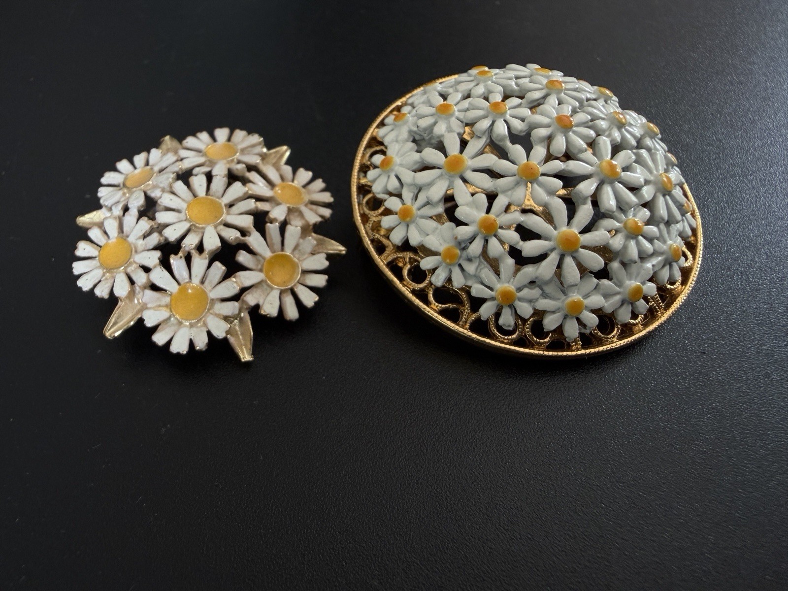 60s Lot 2 Daisy Brooch Mod White Enamel Flower Dome Pin Gold Vintage
