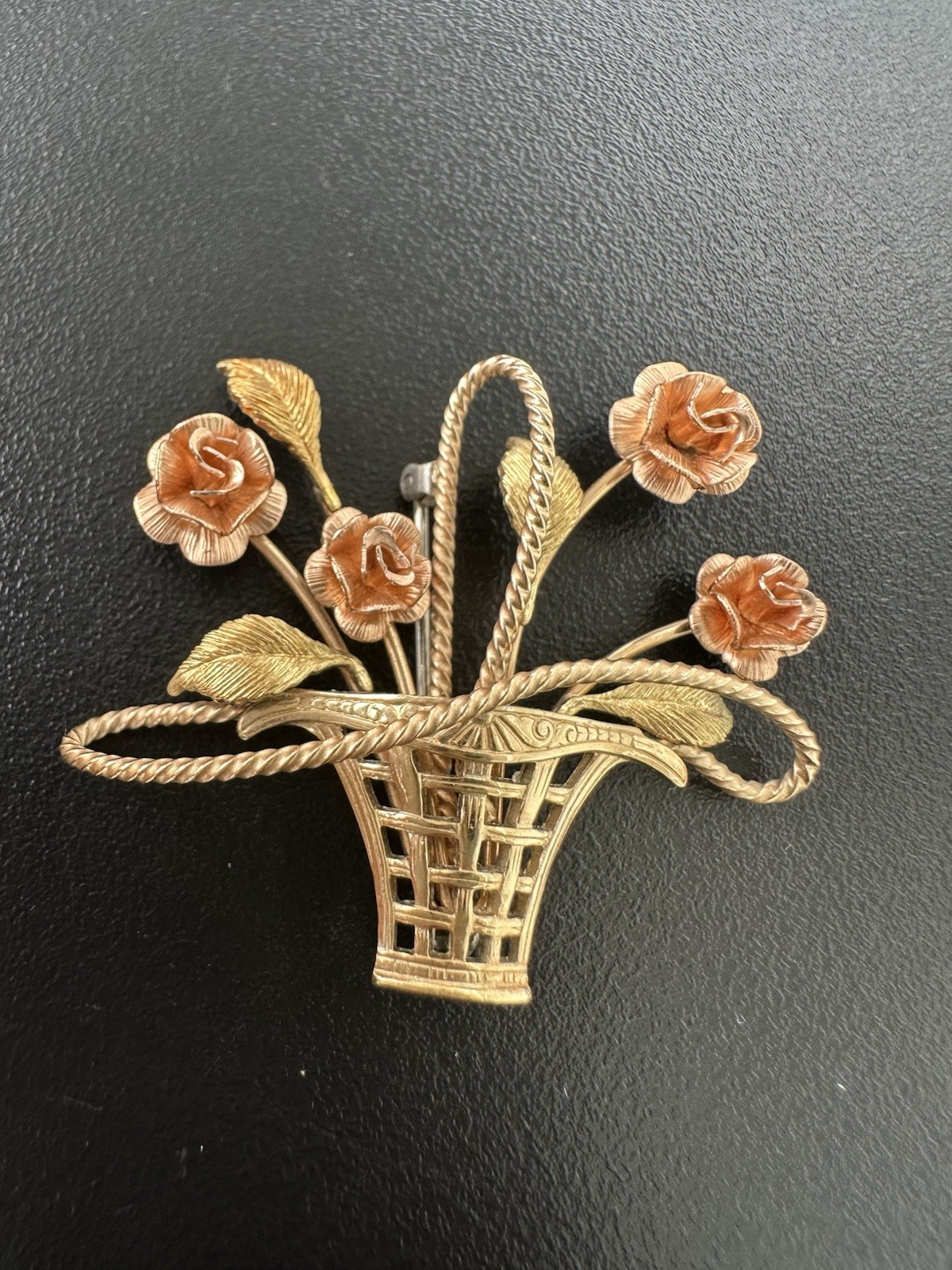 Vintage Signed Krementz Flower Basket Brooch Goldtone & Rose Goldtone