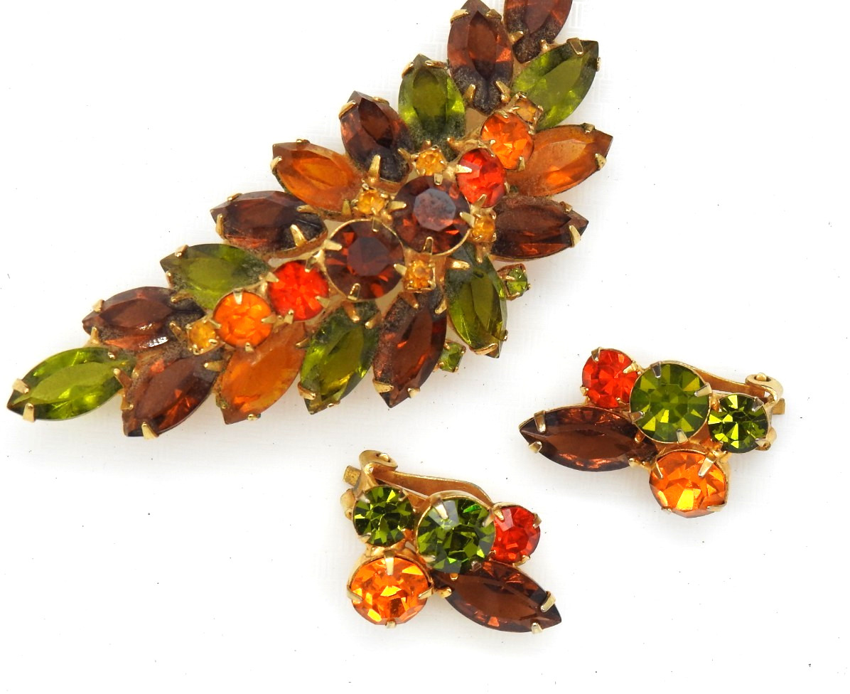 Juliana Rhinestone Brooch Clip Earrings Set Fall Colors Demi Parure Vintage