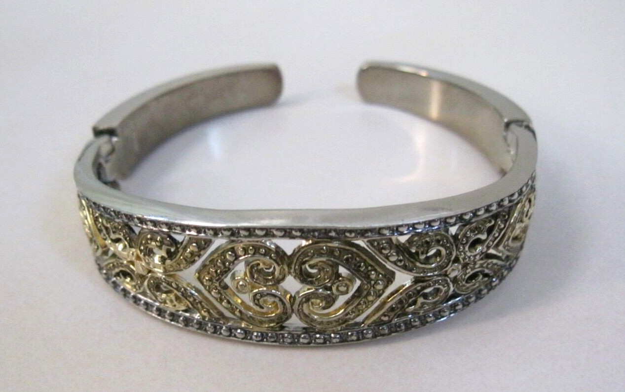 CATO Filigree Hearts Silver & Gold Tone Cuff Open Bracelet Spring Hinge Ends