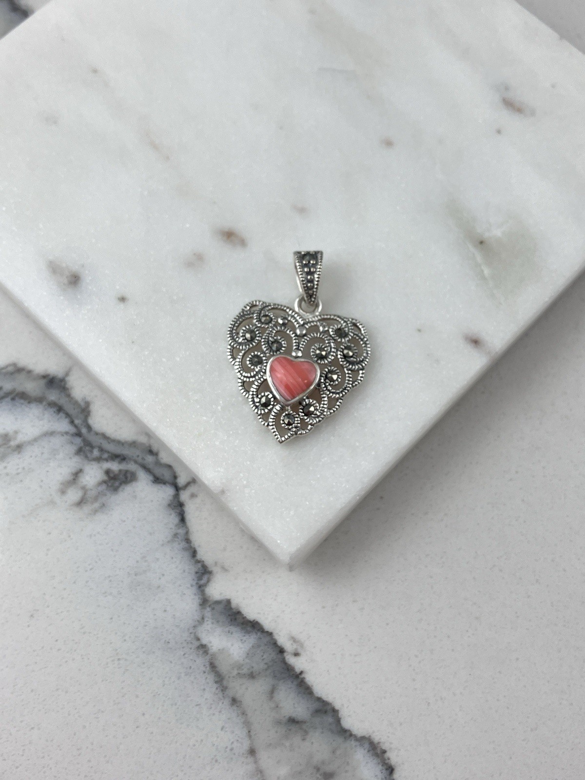 Vintage 925 Sterling Silver Deco Marcasite Pink Coral Heart Pendant