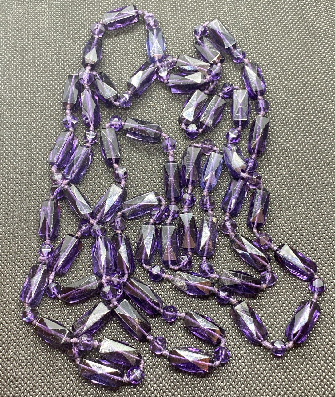 1920s Art Deco Necklace Faceted Amethyst Hand Knot Bead Opera Length 57 in