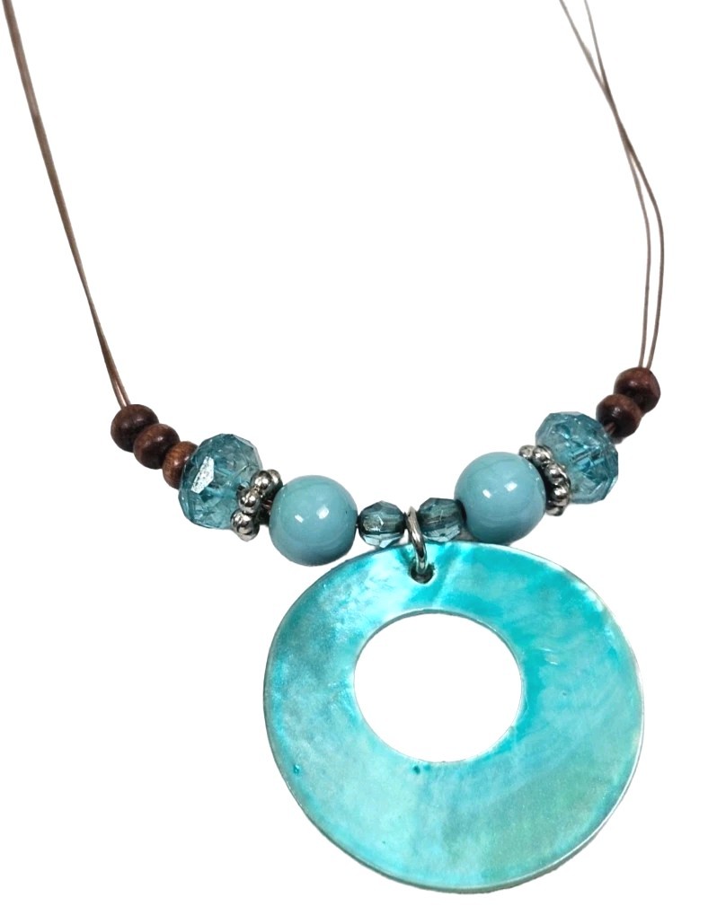 Vintage Abalone Paua Shell & Bead Donut Pendant Wire Necklace Bohemian | Beachy