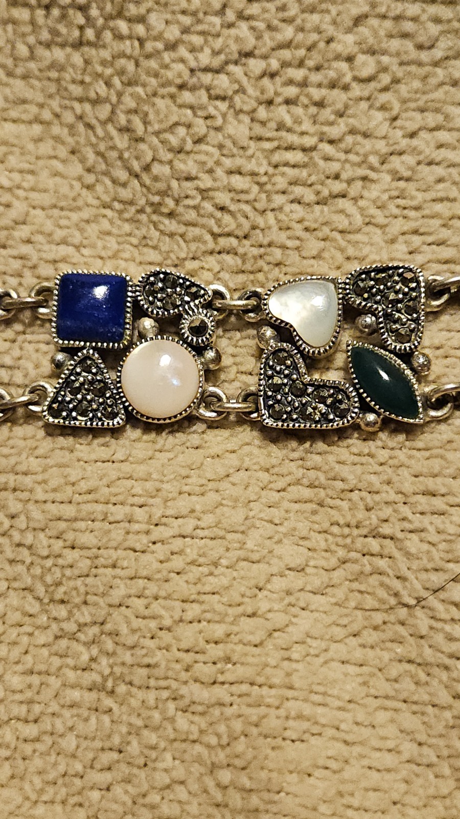 Vintage Signed CW 925 Sterling Silver Multi-Gemstone Marcasite Bracelet 7.5″