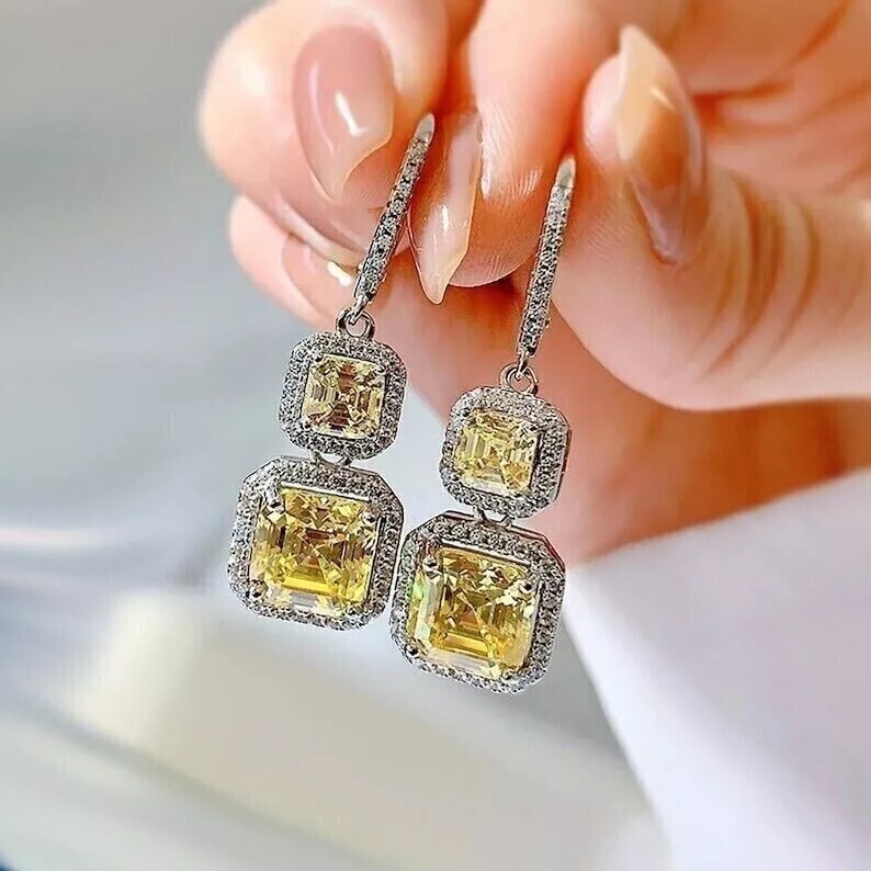 Asscher Cut Citrine Lab Created Diamond Special Engagement 925 Silver Earrings