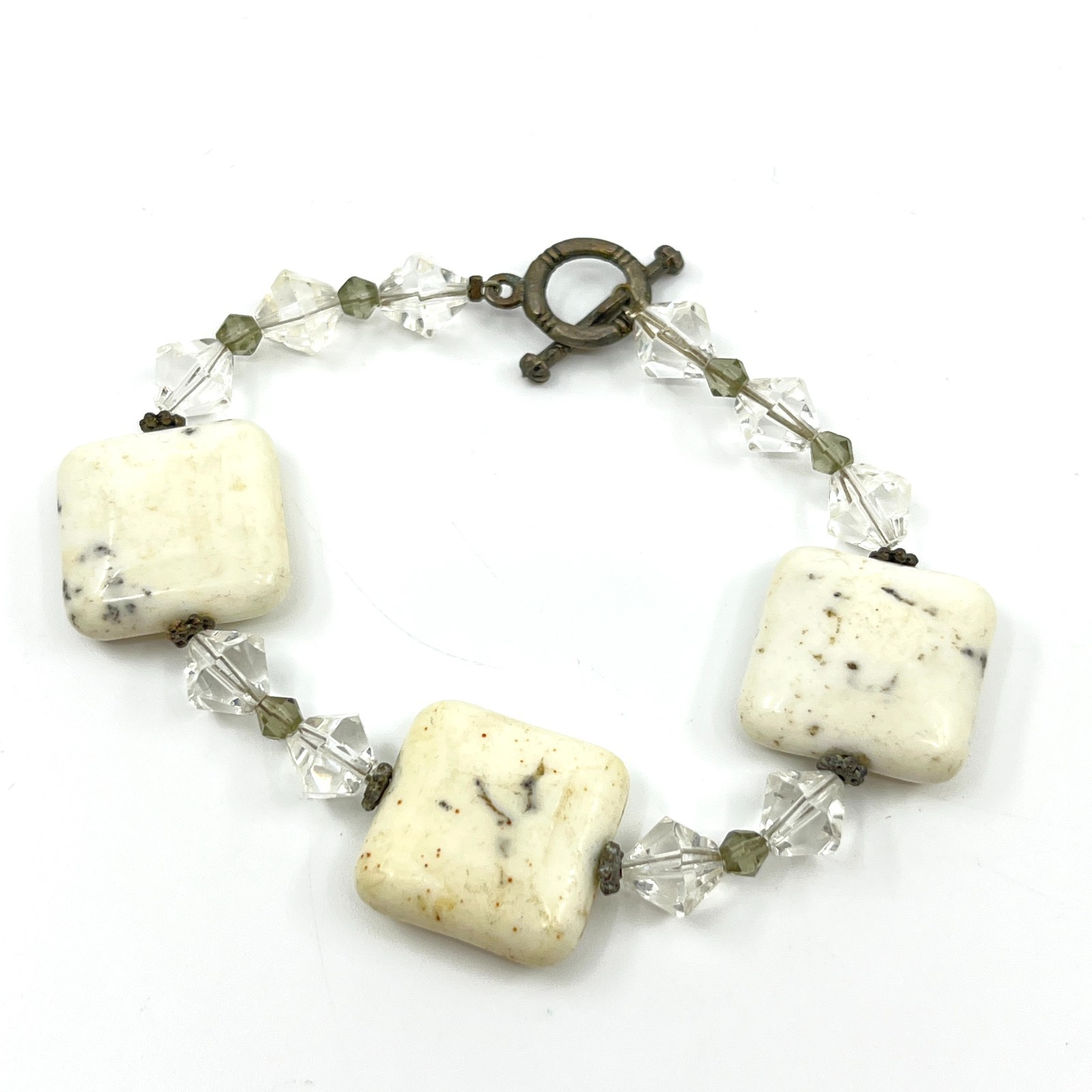Vintage Boho Cream Square Stone & Crystal Toggle Bracelet – Earthy Neutral Style