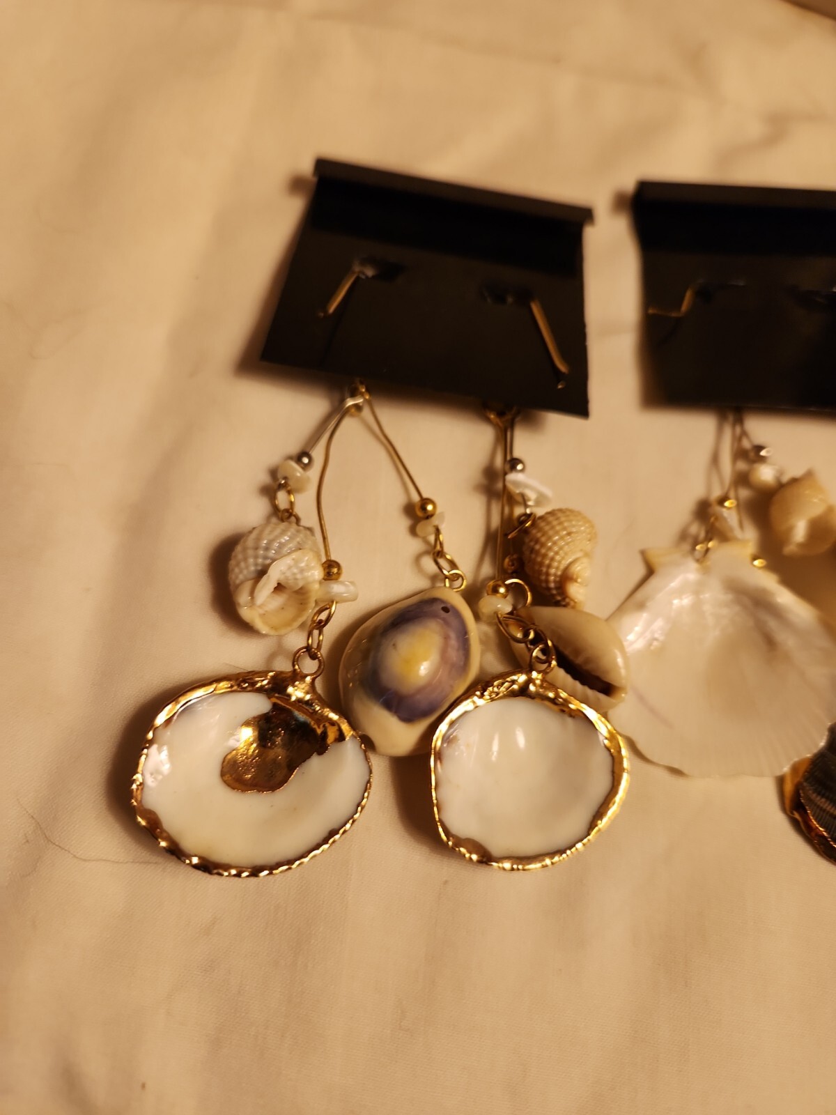 Vtg Sea shell pendant gold trim foil natural estate Lot 4″Dangle Earring Jewelry