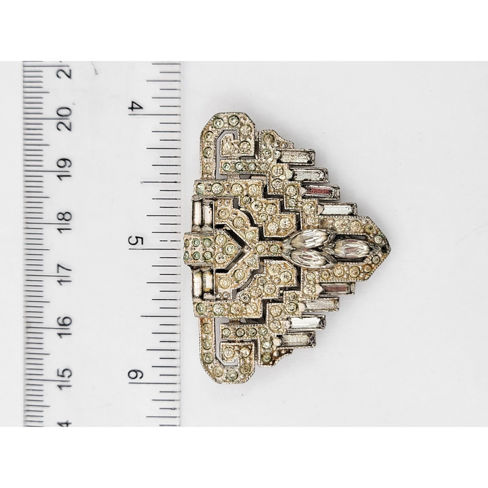 1930s Art Deco Rhinestone Dress Clip Brooch Pave Baguette Marquise Geometric