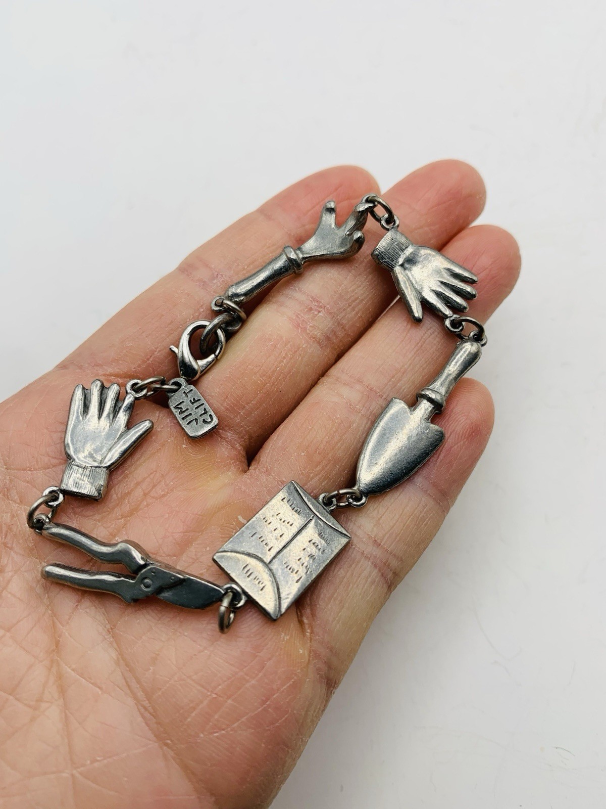 Vintage 7″ Signed Jim Clift Pewter USA Silver Tone Gardening Charm Bracelet