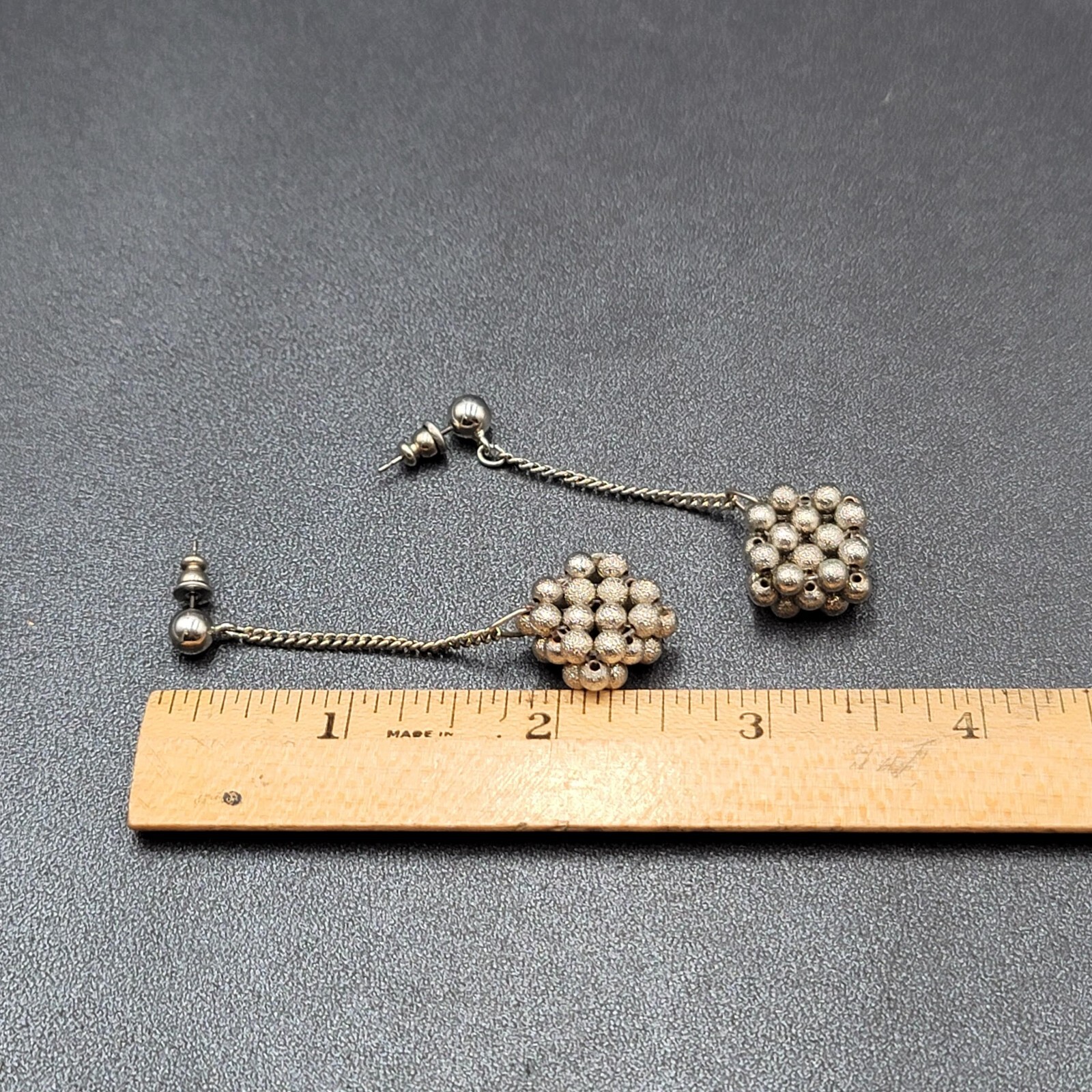 Vintage Pierced Earrings Silver tone Bead Cluster Dangle Unique 2.5″