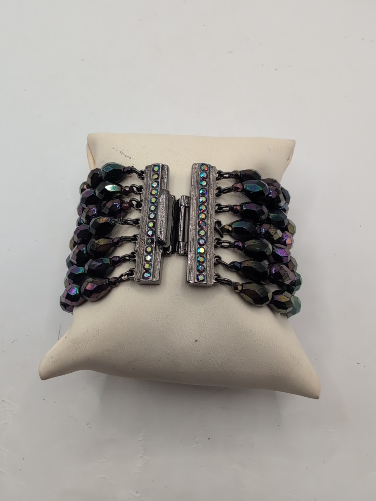 Vintage St.John 7 Strand Czech Fire Polished Faceted Bracelet Rhinestone Detail