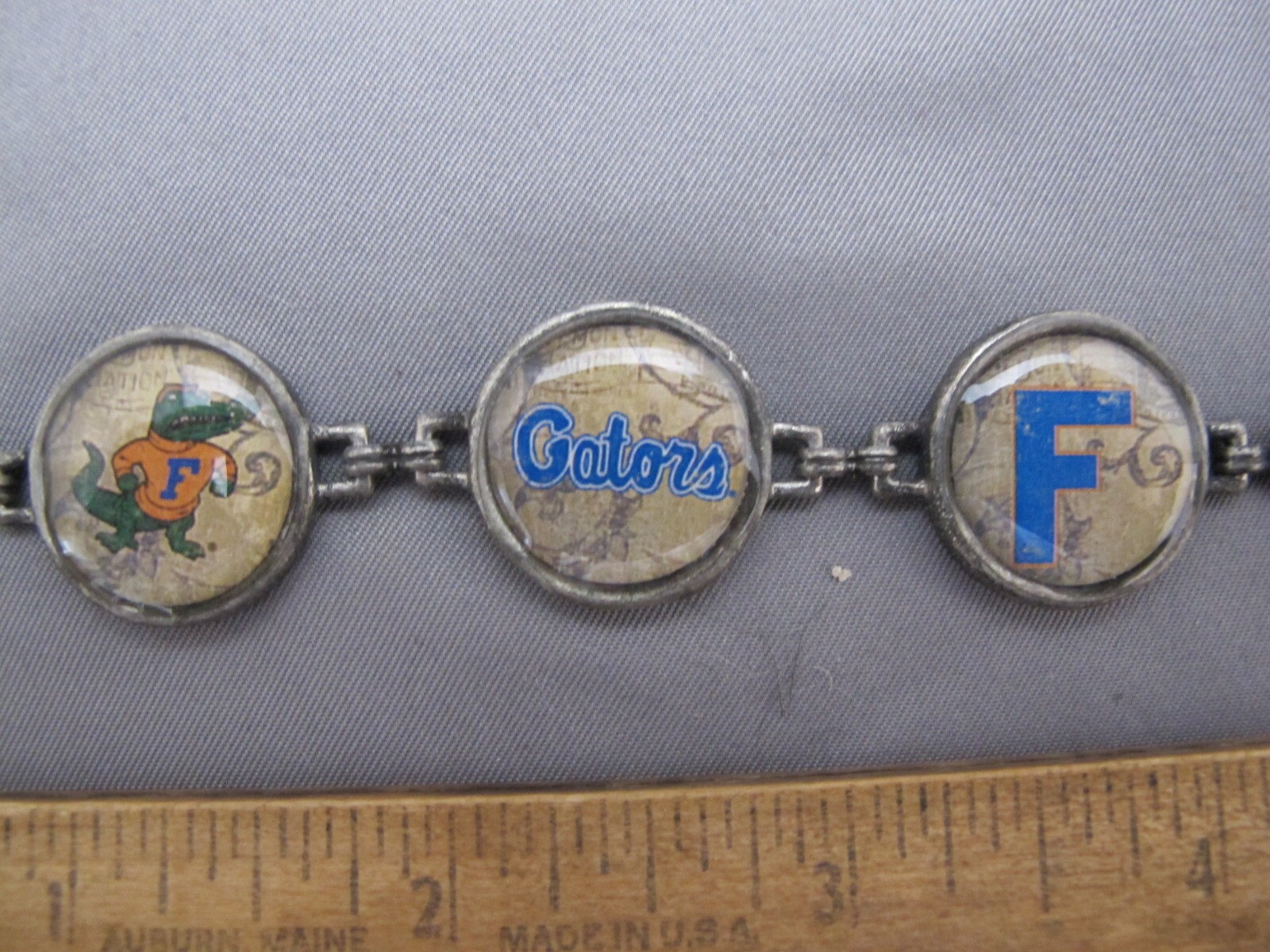 Antique UNIVERSITY OF FLORIDA GATORS Souvenir LINK BRACELET-Silver Tone Metal-NR