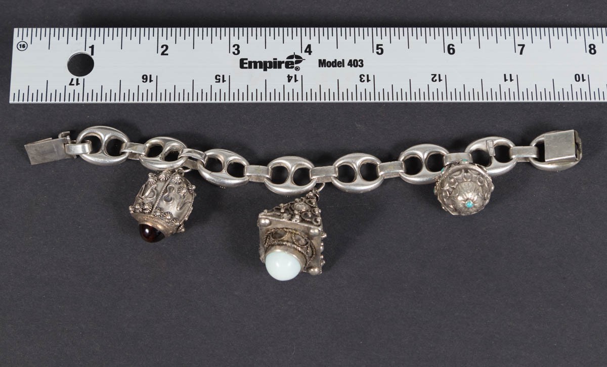 Vintage Etruscan Revival 800 Silver Fob Charm Bracelet Stones 8″ Long 800 – 52g