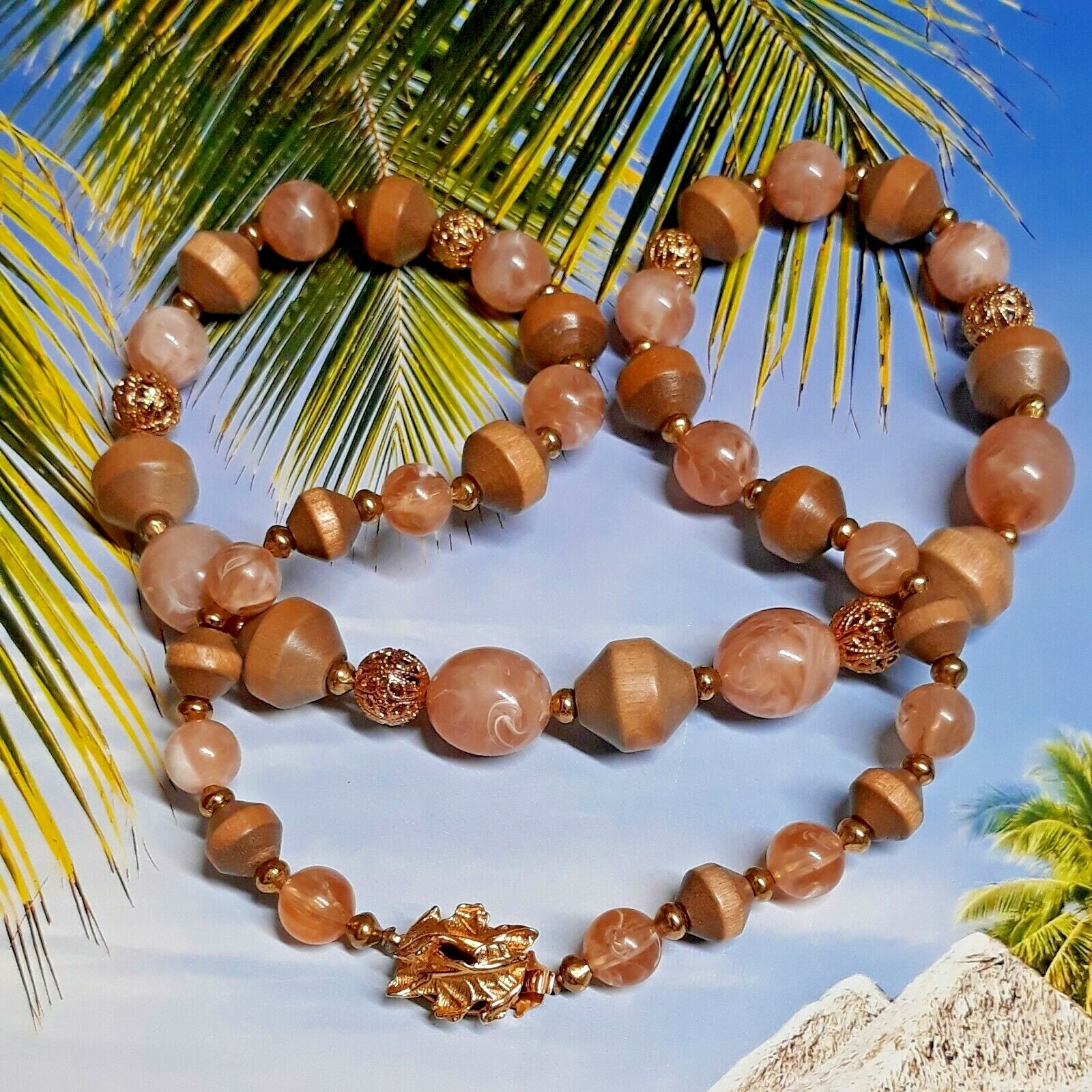 Peach and Tan Wood and Lucite Bead Necklace with Gold Tone Filigree Accent Beads
