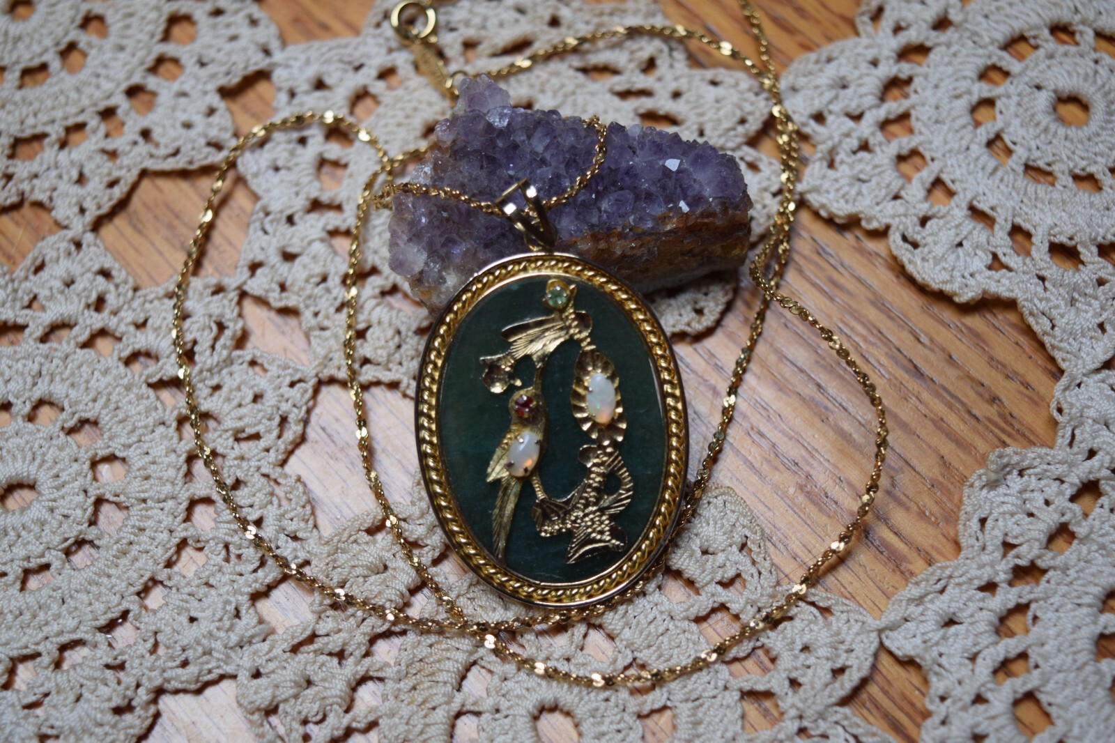 Vintage Napier Gold Plated Asian Jade Pendant Necklace Opals Ruby Aqua Stone 24″