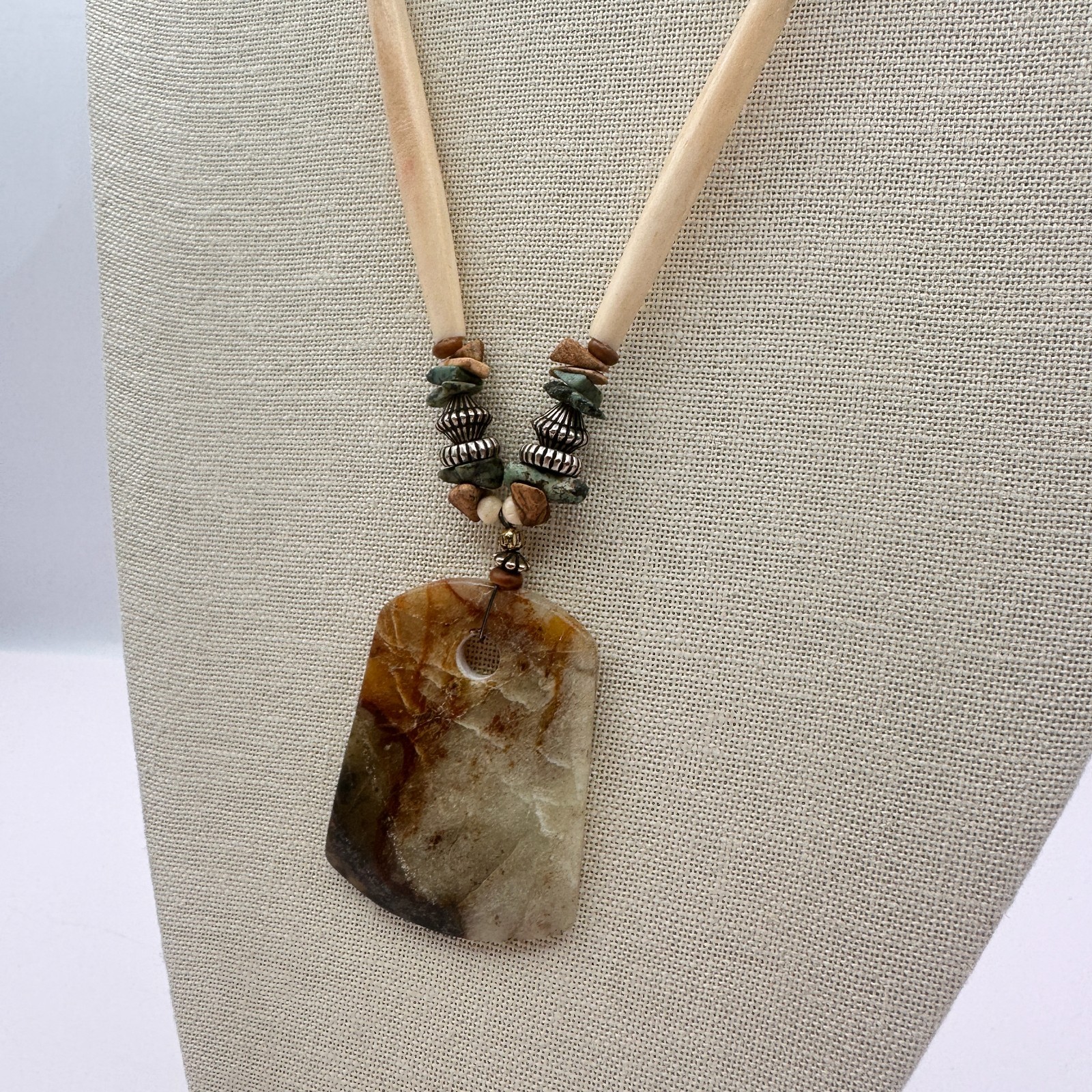 Vintage Southwestern Earthy Resin Pendant Hairpipe Necklace Boho Bead Statement