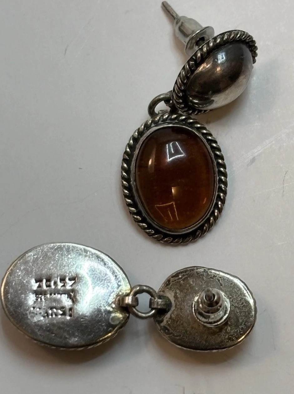 Vtg 925 Sterling Amber Cabochon 1-1/4” Dangle Drop Post Earrings Mexico 8g